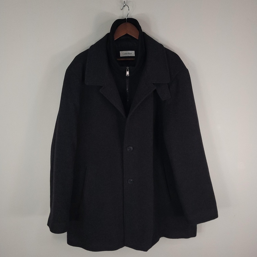 Calvin Klein Coat Mens 48R Charcoal Wool Blend Topcoat Zip In Bib Quilted Lining